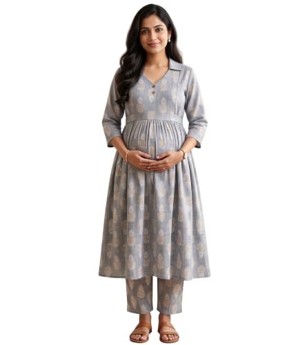 Image of DUMMY SHAPE Maternity Dresses for Women Cotton | Floral Kurta Pant Dupatta Set with Nursing Zippers, Side Pocket | Pre & Post Pregnancy | Feeding Kurti Suit | Baby Shower | Gifts for Pregnant Woman