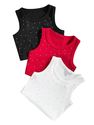 Floerns Girl's 3 Pack Tank Tops Rhinestone Ribbed Knit Crew Neck Sleeveless Crop Top