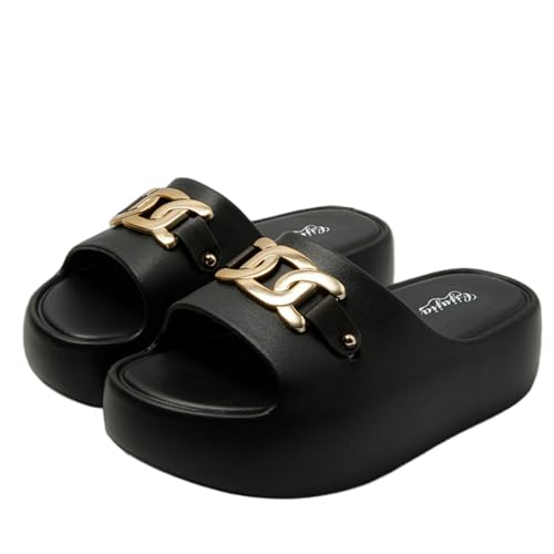 Stars Gold Chain Slippers for Women 2.4 Inch Y2K Platform Slides Height Increase EVA Anti-Slip Sole Indoor Shower Sandals Outdoor Travel Beach Sandals