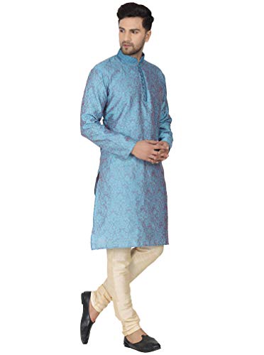 Image of Men's Jacquard Silk Embroidered Kurta Pyjama Set Paisley Thread Work Festive Party Dress