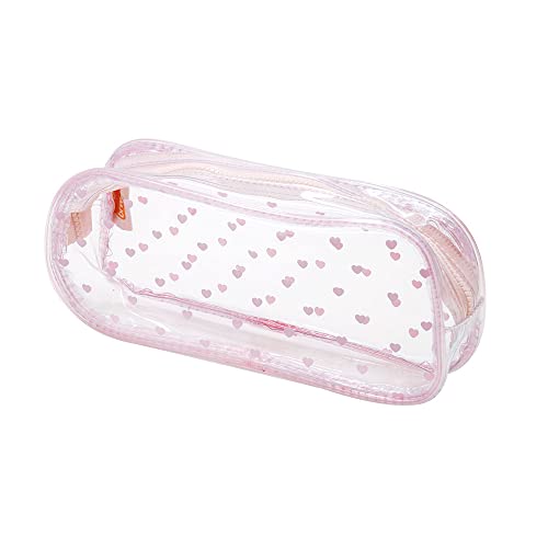 Estojo PVC Transparente 1 Zíper Coração Rosa, BRW