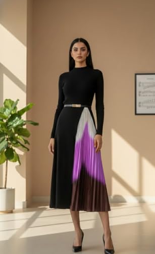 Image of Women's High-Fashion Bodycon Dress with Contrast Pleats and Belt