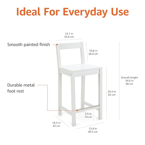 Image of Amazon Basics Wooden Counter Height Bar Stool with Backrest for Kitchen Island, 24 inch, White, 1 Unit