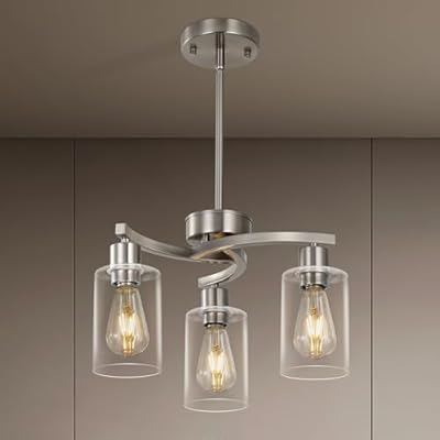 Syltherra 3-Light Brushed Nickel Dining Room Light Fixture,Modern Kitchen Chandeliers Over Table?Adjustable Height Industrial Hanging Pendant Lights for Kitchen Island with Glass Shade