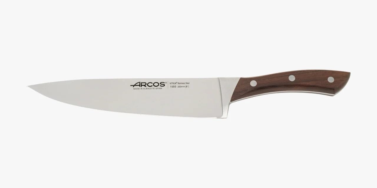 Arcos Cuchillo Chef Acero Inoxidable Nitrum y Hoja 200 mm. Cuchillo cocina profesional multipropósito. Mango ergonómico polioximetileno POM y madera palisandro. Serie Natura.