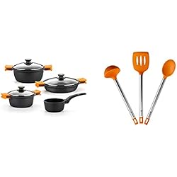 Baterias Bra BRA Efficient Batería 4 piezas, de aluminio fundido con antiadherente, apta para todo tipo de cocinas incluso inducción + Efficient Set 3 utensilios cocina, 36.5 cm, espátula