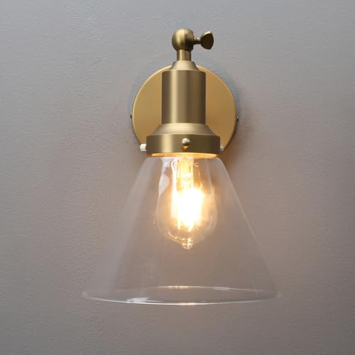 Image of PERMO Industrial Vintage Slope Pole Wall Mount Single Sconce with Funnel Flared Clear Glass Shade Wall Sconce Light Lamp Fixture Hardwired (Antique Gold) (Pack of 2)