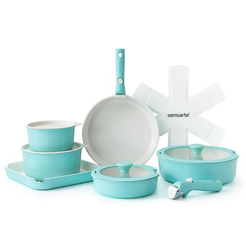 SENSARTE Juego de sartenes de cerámica, 17 piezas, antiadherentes con mango extraíble, aptas para todo tipo de cocinas, aptas para lavavajillas, horno, PFAS PTFE PFOA y PFOA (turquoise)