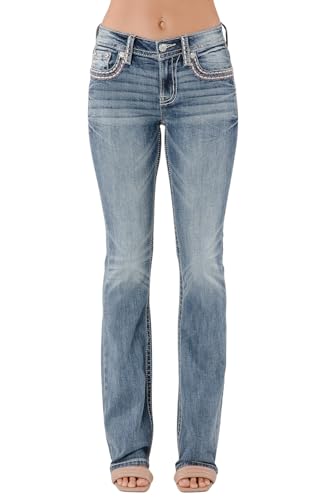 Miss Me Women's Pink Border Embellished Pockets Mid-Rise Bootcut Jeans2