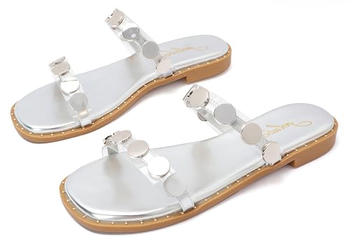 geluboao Sandals for Women 2025 Open Toe Two Band Slip On Slides Fashion Metal Circular Flat Sandals for Summer Size 6-113