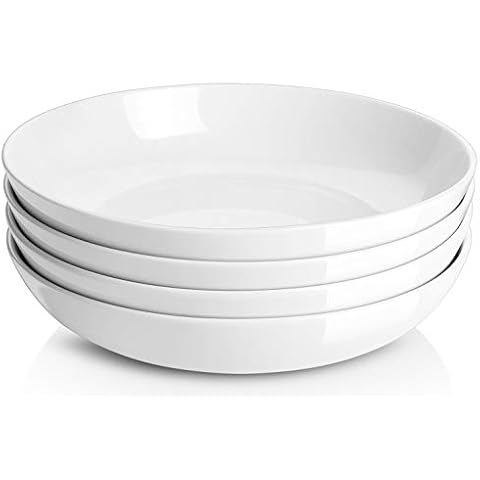 Y YHY 9.75" Large Pasta Bowls, 50 Ounces Big Salad Bowls, Ceramic Serving Bowl Set of 4, Wide and Shallow Bowls Set, Microwave and Dishwasher Safe, White Cover