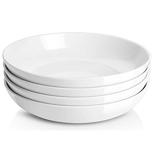 Y YHY 9.75″ Large Pasta Bowls, 50 Ounces Big Salad Bowls, Ceramic Serving Bowl Set of 4, Wide and Shallow Bowls Set, Microwave and Dishwasher Safe, White