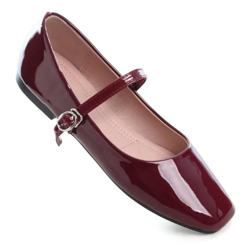 Image of TN TANGNEST Leather Flats for Women Retro Mary Jane Flats | Comfortable Square Toe Slip On Flats with Buckle Strap, Soft Work Flats Office Shoes
