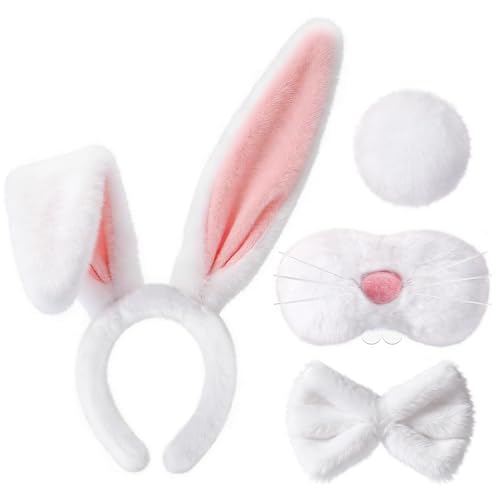 Jansun Bunny Costume Set with Adjustable Ears Fluffy Pink Bow Tail Rabbit Costume Accessories for Easter Halloween Parties