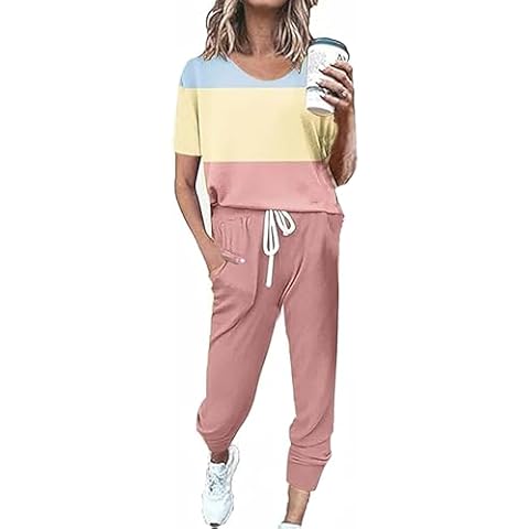 OCEANLUX Women's Sweatsuit Set Casual 2 Piece Outfit Short Sleeve Top Long Pant Set Jogger Travel Tracksuits Pajamas Set Cover