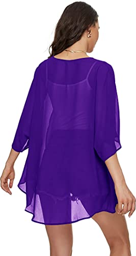Image of Indian Trendy Women's Solid Puff Sleeve Kimono Cardigan Loose Cover Up Casual Blouse Top Chiffon
