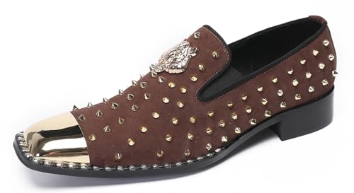 Santimon Men's Slip On Western Wedding Loafers - Gold Glitter Rhinestone Suede Shoes with Metal Square Toe for Party Disco Ballroom