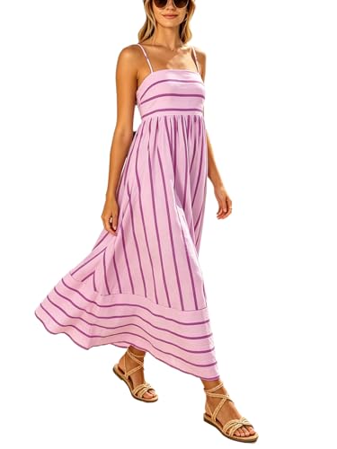 Image of utcoco Womens Summer Striped Back Smocked Maxi Sundresses Spaghetti Strap Cut Out Flowy Swing A Line Long Dress