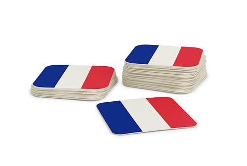 Lot de 50 dessous de verre - En carton carré (9,3 cm x 9,3 cm) - Décoration de table EM avec drapeau français