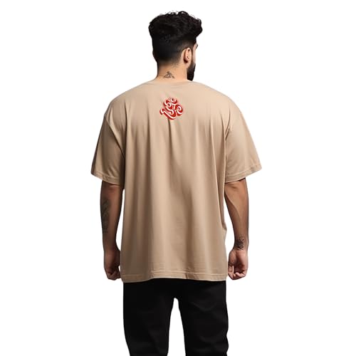 Image of prabhu bhakti Men's Oversized Shiva Om Printed Beige T-Shirt | Back Print Drop Shoulder Pure Cotton Oversized Tshirt for Men