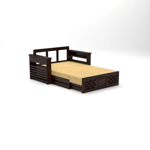 Image of NATRAJ ART & CRAFT Solid Sheesham Wooden Sofa Cums Bed with Mattress for Living Room | Rosewood 2 Seater Sofa Cums Bed for Bedroom Without Pillow (Walnut,Florex, 2 Seater)