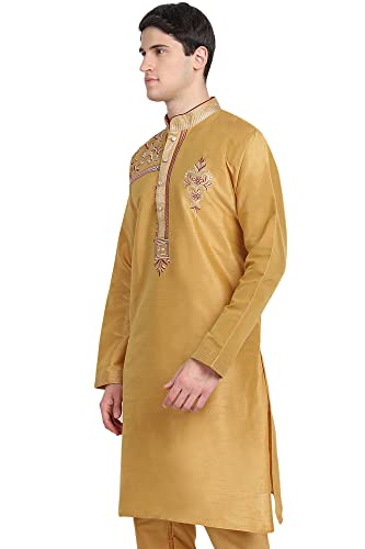 Image of Amazon Brand - Anarva Men Art Silk A-Line Kurta Embroidered Long Kurta