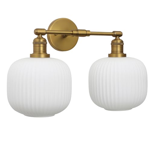 Image of Pathson 2 Lights Milk White Globe Wall Sconce, Hardwired Antique Double Sconce for Living Room Home Decor, Striped Glass Bathroom Vanity Light, E26 Bulb Base