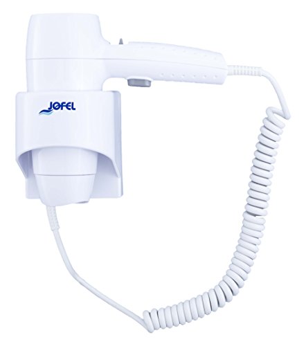 Jofel - Secador de Pelo 1200 W, 2 Velocidades, Calor hasta 65ºC a 10cm, Interruptor de Seguridad, Soporte a Pared, Cable Extensible Resistente, Color Blanco, Facil Limpieza - AB68500