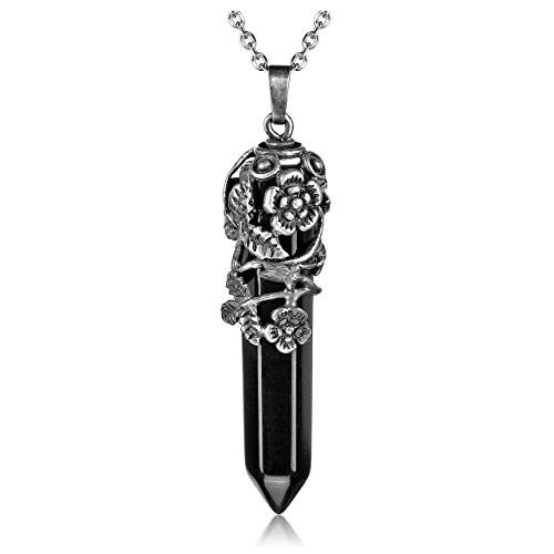 Top Plaza Antique Silver Flower Wrapped Natural Black Agate Healing Crystal Necklace