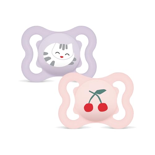 MAM Supreme Schnuller | 0-6 Monate | Babyschnuller beugt Zahnfehlstellungen vor | 94% Akzeptanz | Schnuller für Neugeborene | SkinSoft Silikon | Katze/Kirsche | 2 Stück
