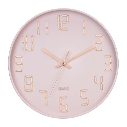 Image of SKYTONE Wall Clock 12 inch Silent Quartz Decorative Wall Clock Non-Ticking Classic Clock Round Easy to Read for Living Room, Bathroom, Kitchen, Office, School (Pink)