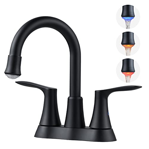 Vxv Bathroom Led Faucet 360 Degree Swivel Spout 2-Handle Goose Neck With Pop Up Drain And Replaceable Led Aerator 4 Inch Centerset Lavatory Vanity Faucets 2 Hole Matte Black #TOP5