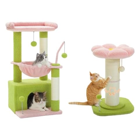 PEQULTI 4-in-1 Multi-Level Cat Tower, 33'' Pink Cat Tree for Indoor Cats and PEQULTI Flower Cat Scratching Post, Small Cat Tree, Tall Cat Scratcher Cover