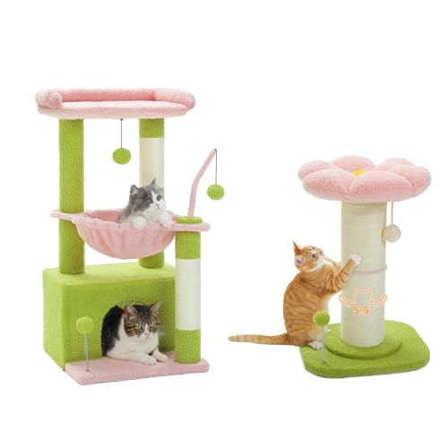 PEQULTI 4-in-1 Multi-Level Cat Tower, Pink Cat Tree & Flower Cat Scratching Post, 33\'\' Tall, 4 Levels, Sisal Scratching Posts, Cat Bed, Indoor