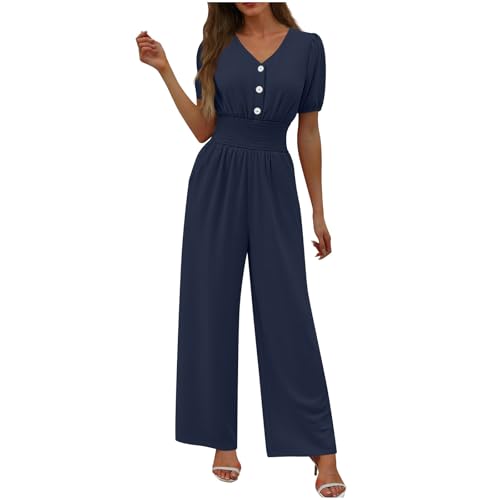 Image of HGps8w Jumpsuits for Women Dressy 2026 Summer Button Front V Neck Puff Sleeve Elegant Wide Leg Pants One Piece Romper