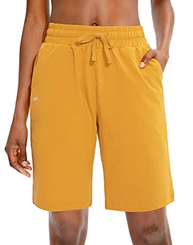 Viodia Women's Bermuda 10" Long Shorts With Pockets Cotton Sweat Lounge Shorts For Women Jersey Athletic Knee Length Shorts For Summer Yellow #TOP1