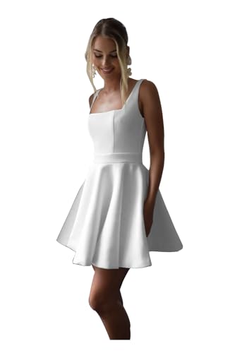 Image of Simple Short Wedding Dresses for Bride 2025 Elegant Off the Shoulder Ruffle Satin Bridal Shower Dress for Women