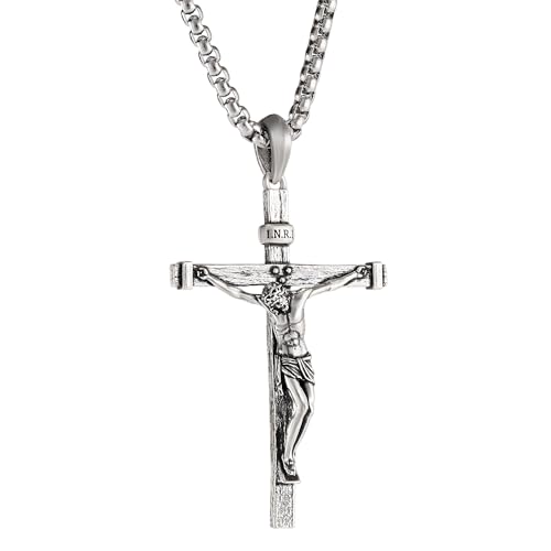BGCOPPER Sterling Silver Crucifix Pendant for Men, Catholic Jesus Cross