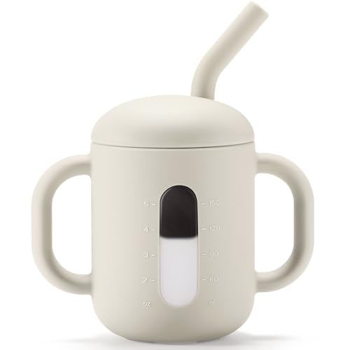 Image of CLYMENE Silicone Training Cup with Straw & Handles | Baby Sippy Cup | Water Drinking Cup for Infants and Toddlers 6 Months+, 6 oz, Ivory