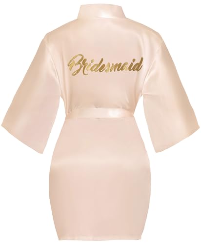Lovasy Bride Bademantel Damen Kurz Sexy Kimono Leicht Satin Morgenmantel für Teams Braut Hochzeit、Poolparty und Pyjamaparty,Champagner,L