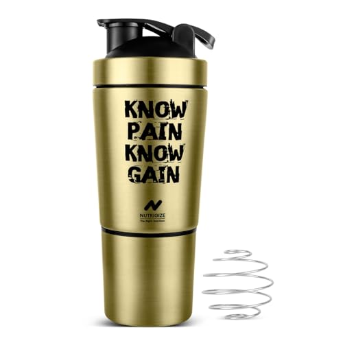 Image of Stainless Steel Shaker Bottle for Protein, 590ml Water Bottle with Extra Compartment | Leak-Proof, BPA-Free, Durable, and Multi-Functional for Protein Shakes (Golden)