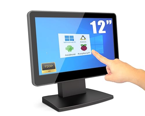 Image of ANGEL POS 12 inch Touch Screen Monitor, 1366x768 HD POS Display with HDMI & VGA, Splash-Resistant Front, Adjustable Metal Stand, Ideal for Customer Display, Checkout Counter, or POS Terminal