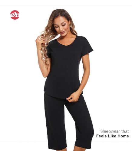 Image of ENJOYNIGHT Womens Pajama Sets Cotton Pj Set Short Sleeve Top With Capri Pants Sleepwear 2 Piece Lounge Set