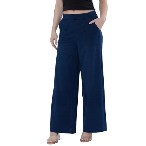 EX M&S Womens Elasticated High Waist Wide Leg Denim Trousers Soft Stretch Pull On Casual Pants Size Blue 16 Regular