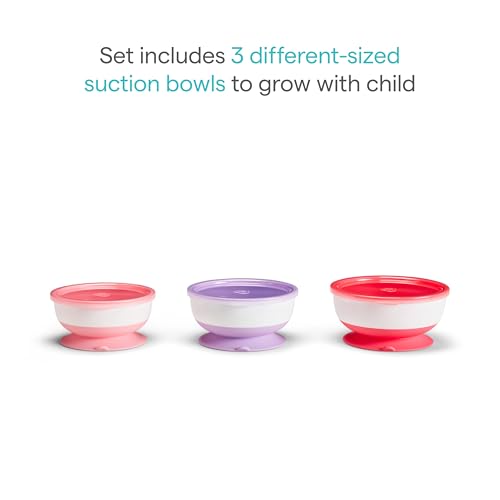 Image of Munchkin Stay Put Suction Baby Bowls with Lids - Dishes for Babies and Toddlers, Self-Feeding Bowl Set for Kids 6+ Months, Pink /Purple, 3 Count 3 sizes: small, medium, large (Pack of 6)