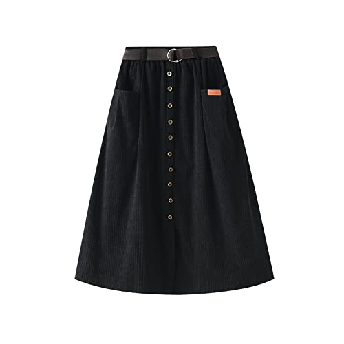 DELIMALI Jupe midi en velours côtelé pour femme avec boutons fendus sur le devant et ceinture - Jupe parapluie classique taille haute avec poches latérales, Noir , taille unique Cover