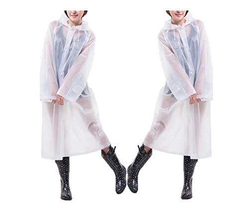 Cocery Rain Coat EVA Reusable Rain Poncho Jacket Portable Raincoat Rainwear with Hood & Sleeves for Hiking, Camping (2 Pack) White