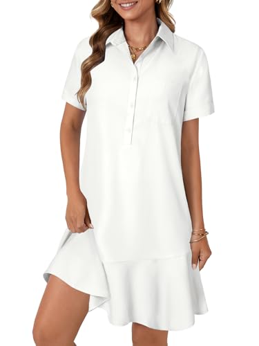 Image of OPOIPIN Women's Collared V Neck Stripe Short Sleeve Button UP Ruffle Hem Shirt Tunic Mini Dress