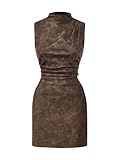RoseSeek Women's PU Leather Ruched Bodycon Dresses Mock Neck Sleeveless Zipper Mini Tank Dress Brown Large