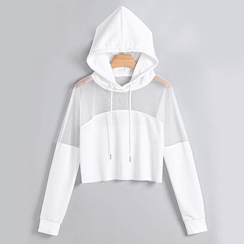HIRIRI Women Long Sleeve Mesh Patchwork Workout Hooded Shirts Athletic Long Sleeve Running Crop Hoodie Sweatshirt White